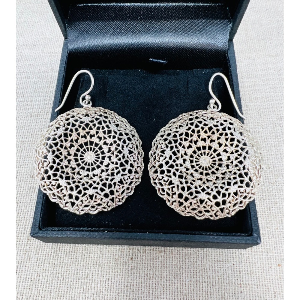 Sterling Silver Filigree Mandala Drop French Wire Boho Statement Circle Earrings